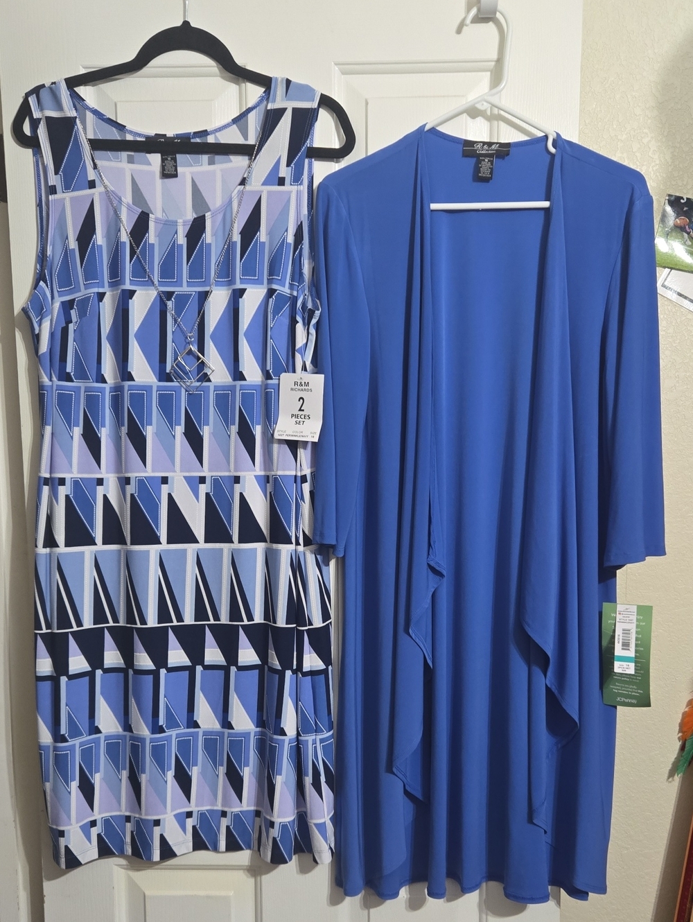 R&M Richards Blue Geometric Midi Dress with Solid Blue Duster